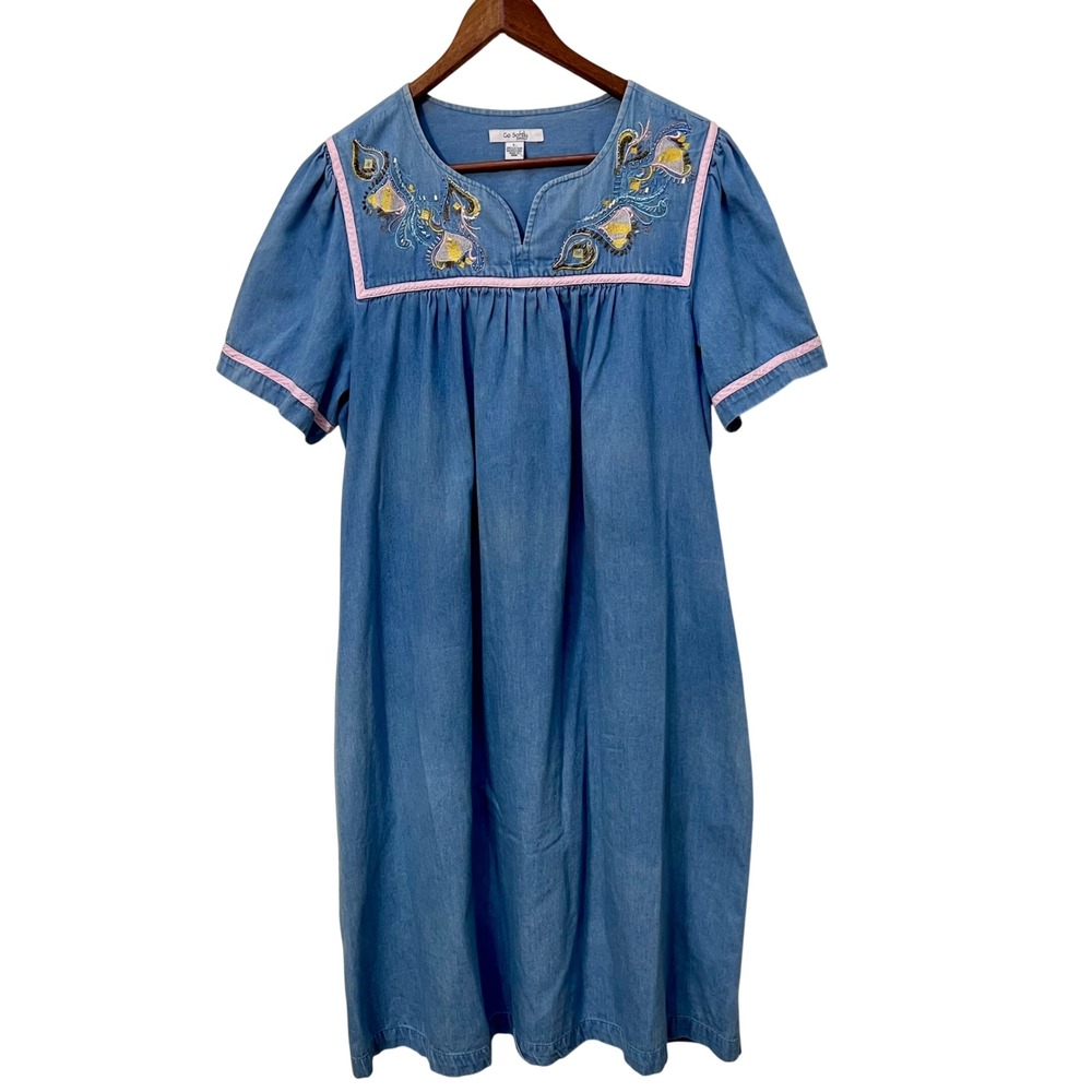 Go Softly Patio Womens Blue Denim Embroidered Beaded Lounger House Dress Large
